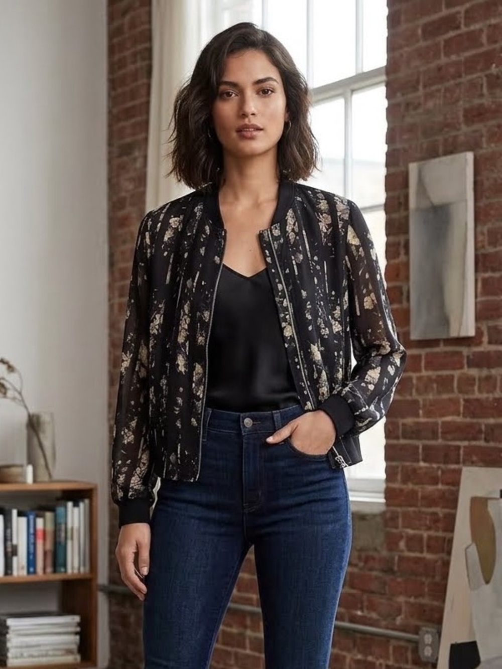 NWOT Club Monaco Silk Black Floral-Striped Bomber Jacket
